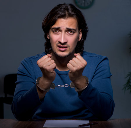 Young convict man sitting in dark roomの写真素材