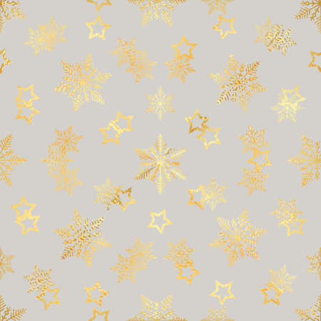 Gold Star and Gold Snowflake Seamless Pattern. seamless pattern with gold confetti stars and snowflake. Vector illustration. Shiny background. Luxury seamless pattern with gold snowflakes and starsのイラスト素材