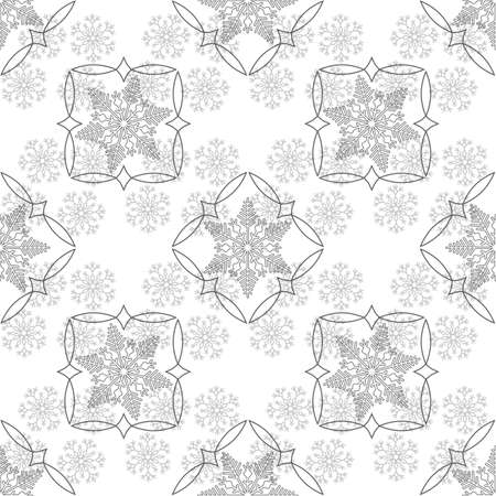 Seamless geometric pattern with snowflakes. Flat black elements on white background.のイラスト素材