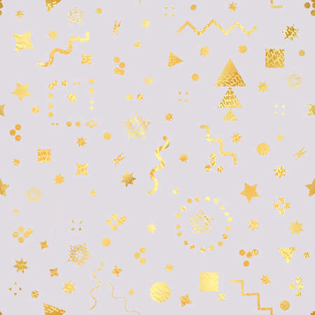 Trendy geometric elements memphis card. Seamless memphis pattern for tissue and postcards. Hipster poster, golden color background. Shiny backdrop. Vector illustrationのイラスト素材