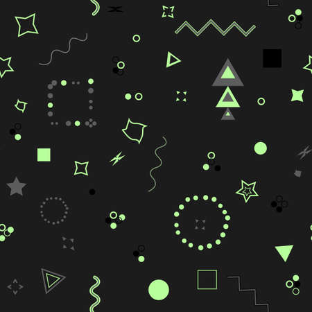 Trendy geometric elements memphis card. Seamless memphis pattern for tissue and postcards. Hipster poster, black and green color background. Vector illustrationのイラスト素材