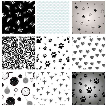 Set of 9 mixed seamless patterns like star and paw prints.のイラスト素材