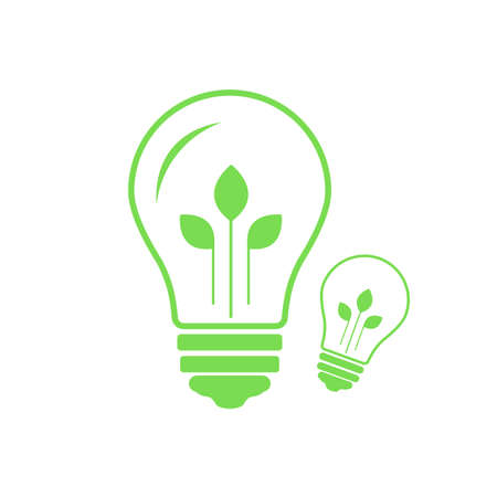 Green contour of electric light bulb with three green leaves. Isolated on white. Flat outline icon. Vector illustration.のイラスト素材