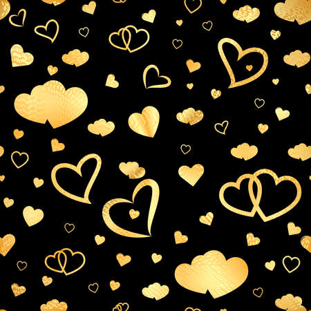 A Seamless pattern with gold shining hearts on a black background.のイラスト素材