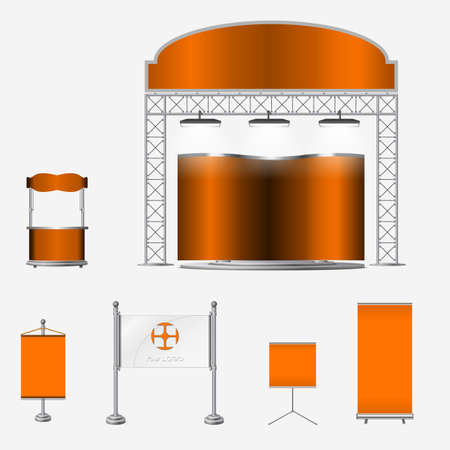 Illustrated unique creative exhibition stand display design with table and chair, info board, roll up.のイラスト素材