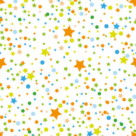Colorful festive seamless pattern, abstract background with circles and stars on white.のイラスト素材