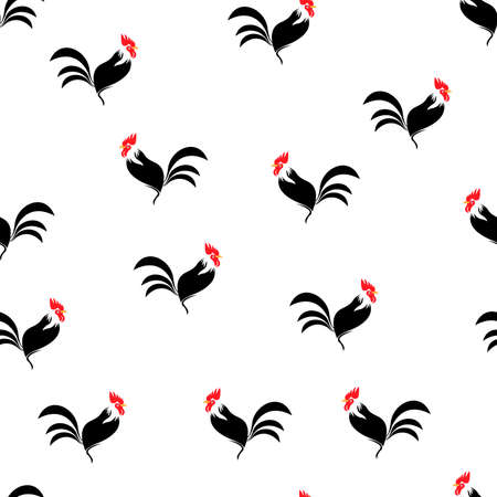 Rooster seamless pattern silhouettes isolated white color on black. Symbol of New Year 2017 by Chinese calendarのイラスト素材