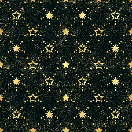 Gold star seamless pattern. Abstract black modern seamless pattern with gold confetti stars. Shiny background. Texture of gold foil.のイラスト素材