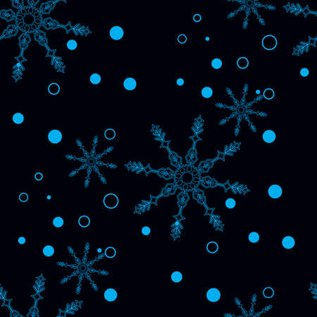 Snowflakes decorated with circles and dots. Vector winter design on black background. Christmas and New Year theme. Happy smiling violet and blue snowflakes seamless pattern. eps 10のイラスト素材