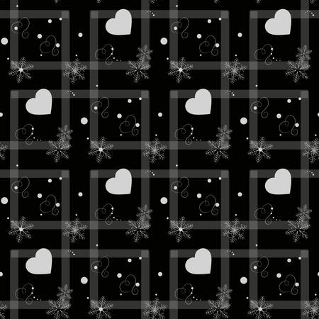 Abstract Heart and snowflakes Black line vector seamless pattern eps 10のイラスト素材