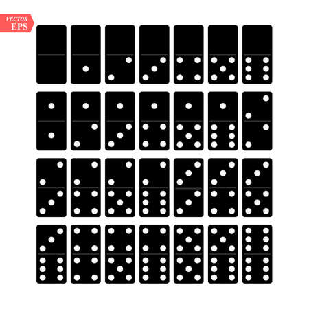 Domino Full Set Vector Realistic Illustration. Black Color. Classic Game Dominoes Bones Isolated On White. Top View. For A Game. 28 Piecesのイラスト素材