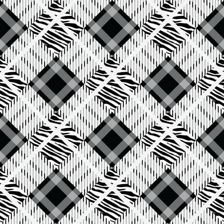Plaid, tartan seamless with Zebra Stripes Pattern. Zebra print, animal skin, tiger stripes, abstract pattern, fabric. Amazing hand drawn vector illustration. Poster, banner. Black and white artwork,のイラスト素材