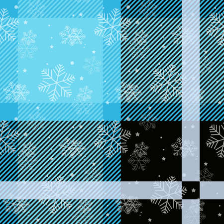 White snowflakes seamless with blue tartan pattern. Winter white snow and plaid holidays collection. Vector illustration.のイラスト素材