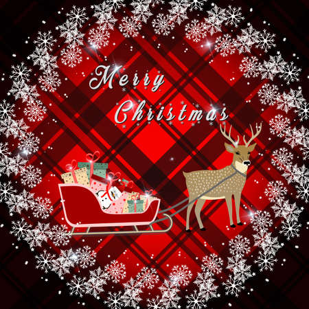 Christmas wreath with fir branches and deer, cones on red tartan background. Vector illustration. eps 10のイラスト素材