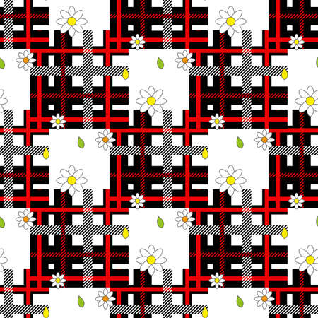 Red tartan plaid and daisy flowers pattern on checkered background for textileのイラスト素材