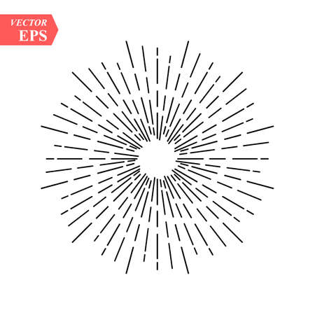 Linear drawing of radial sun rays in vintage style isolated on white background. Hand drawn black linear sun rays for web design elements, retro, classic and hipster logos, vector illustration eps10.のイラスト素材