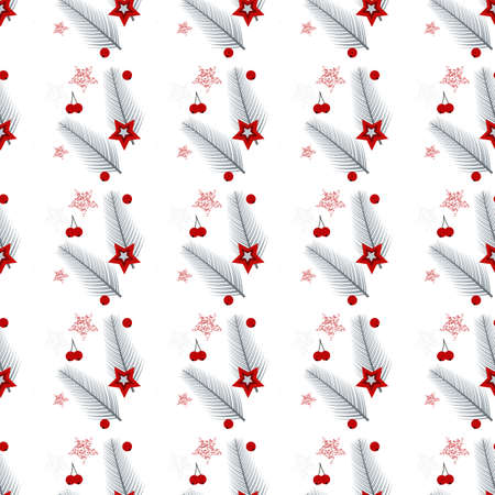 Winter holiday seamless pattern. Festive Christmas symbols wallpaper. Christmas tree, stars, balls, snowflakes repeating decor isolated eps10のイラスト素材