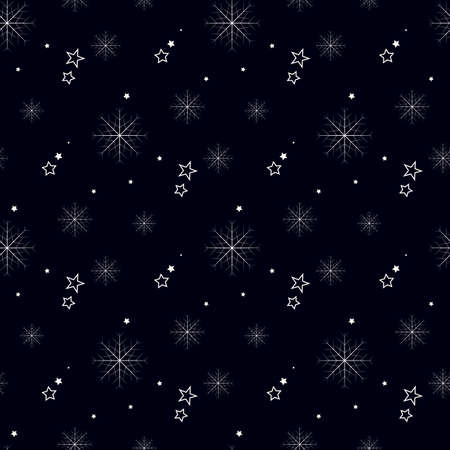 Snowflake simple seamless pattern on black. Abstract wallpaper, wrapping decoration. Symbol of winter, Merry Christmas holiday, Happy New Year celebration Vector illustration. eps 10のイラスト素材