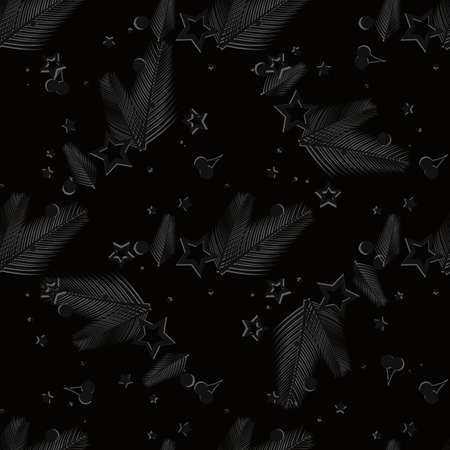 Winter holiday seamless pattern. Festive Christmas symbols wallpaper. Christmas tree, stars, balls, snowflakes repeating decor isolated on black eps 10のイラスト素材