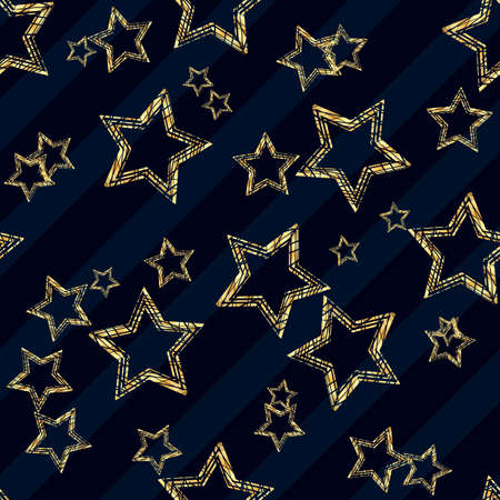 Golden star seamless pattern. Golden star on blue and black diagonal lines background. eps 10のイラスト素材