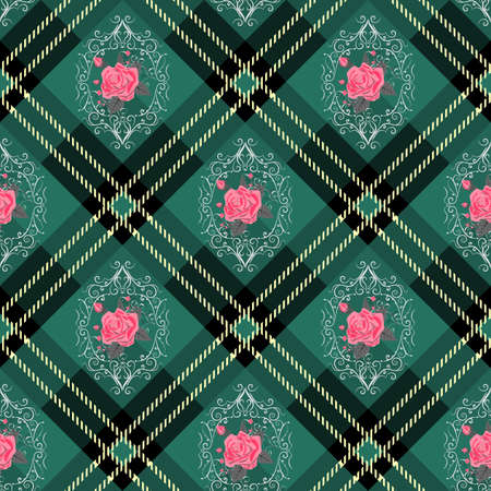 Green tartan plaid and flowers pattern on checkered background for textile eps10