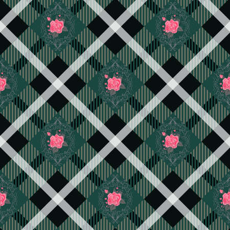 Green tartan plaid and flowers pattern on checkered background for textile eps10