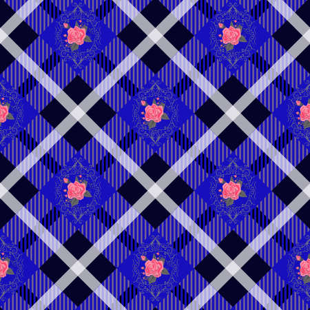 Gyan tartan plaid and flowers pattern on checkered background for textileのイラスト素材