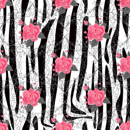 Zebra Stripes with red rose Florals Flowers Seamless Pattern. Zebra print, animal skin, tiger stripes, abstract pattern, line background, fabric. Amazing hand drawn vector illustration. Poster, banner. Black and white artwork eps 10のイラスト素材