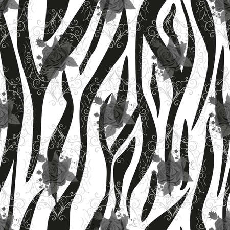 Zebra Stripes with red rose Flowers Seamless Pattern. Zebra print, animal skin, tiger stripes, abstract pattern, line background, fabric. Amazing hand drawn vector illustration. Poster, banner. eps 10のイラスト素材