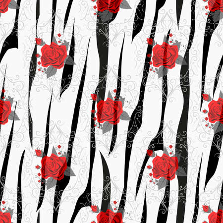 Zebra Stripes with red rose Flowers Seamless Pattern. Zebra print, animal skin, tiger stripes, abstract pattern, line background, fabric. Amazing hand drawn vector illustration. Poster, banner. eps 10のイラスト素材