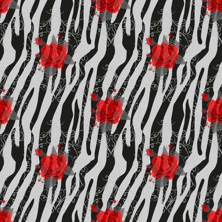 Zebra Stripes with red rose Flowers Seamless Pattern. Zebra print, animal skin, tiger stripes, abstract pattern, line background, fabric. Amazing hand drawn vector illustration. Poster, banner. eps 10のイラスト素材