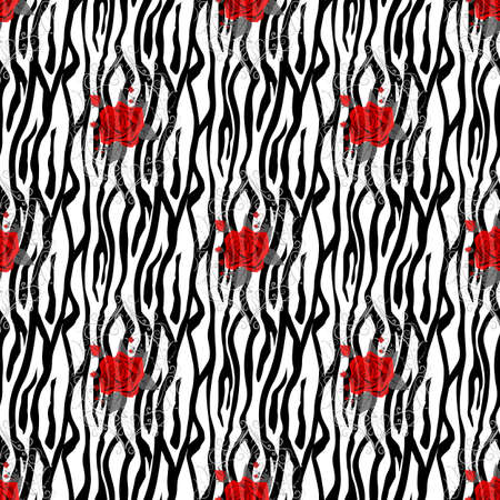 Zebra Stripes with red rose Flowers Seamless Pattern. Zebra print, animal skin, tiger stripes, abstract pattern, line background, fabric. Amazing hand drawn vector illustration. Poster, banner. eps 10のイラスト素材