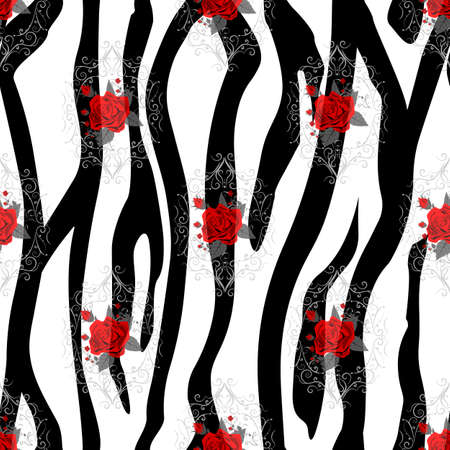 Zebra Stripes with red rose Flowers Seamless Pattern. Zebra print, animal skin, tiger stripes, abstract pattern, line background, fabric. Amazing hand drawn vector illustration. Poster, banner. eps 10のイラスト素材
