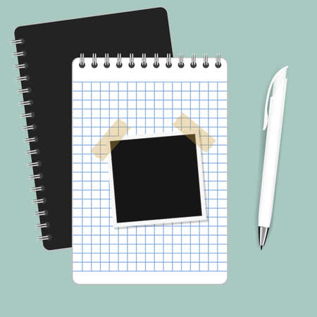 Notebook with photograph and pencil on green background eps10のイラスト素材