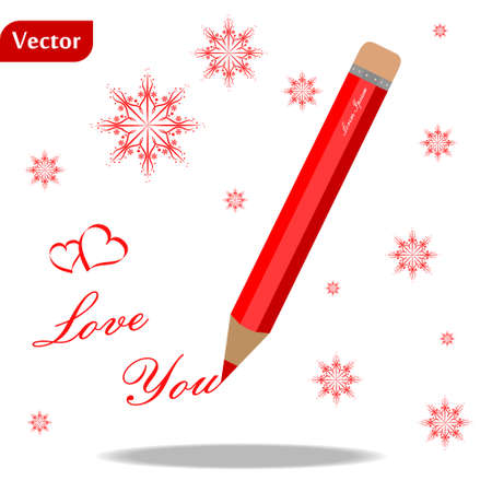 Red pencil with text forever with you and hearts, snowflake on white backgroundのイラスト素材