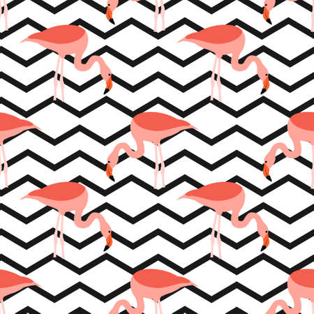 Seamless pattern flamingo standing on zig zag black and white background. printing wallpaper. vector illustrationのイラスト素材