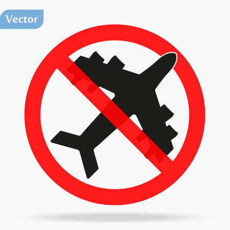Stop travel. Forbidden sign Planes Don t Fly. Coronavirus covid-19. No Airplane black silhouette icon. Stop flight. Red prohibition. Flight cancellation. Vector flat design. Isolated white background.のイラスト素材