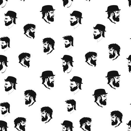 Vector hipster seamless pattern of barbershop icons with hipster face in flat style. Hairdresser s endless background. hipster man head hat seamless patternのイラスト素材