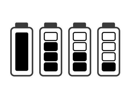 Monochrome pictures of smartphone battery in different levels of charging. Charge battery power for smartphone. illustrationのイラスト素材