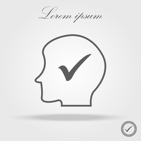 Line human head silhouette and black checkmark icon. Tick in line head. Abstract concept. Flat design vector illustration isolated on white backgroundのイラスト素材