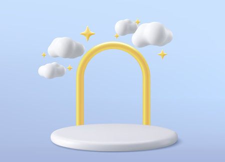 White product podium with clouds and golden arch on blue background. Background for product presentation. Vector illustrationのイラスト素材
