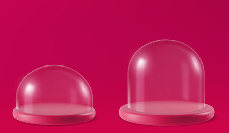 Glass dome, isolated glossy bell sphere or transparent cover, realistic vector 3D. Glass dome or empty protection display, plastic hemisphere or showcase exhibition case jar and spherical globeのイラスト素材