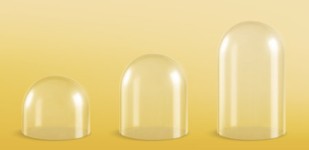 Glass dome, isolated glossy bell sphere or transparent cover, realistic vector 3D. Glass dome or empty protection display, plastic hemisphere or showcase exhibition case jar and spherical globeのイラスト素材