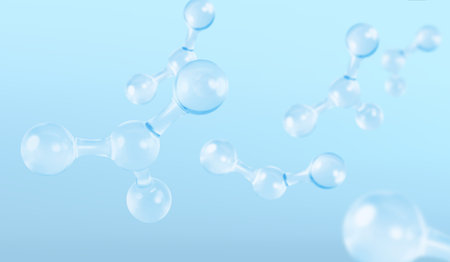 3D glass molecules or atoms on light blue background. Concept of biochemical, pharmaceutical, beauty, medical. Science or medical. Vector 3d illustrationのイラスト素材