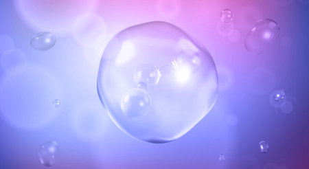 Molecules inside bubbles on blue background. Water serum bubble. Cosmetic essence. Concept skin care cosmetics solution. Vector 3d illustrationのイラスト素材