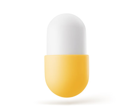 Vector 3d Realistic Yellow and White Pharmaceutical Medical Pill, Capsule, Tablet on White Background. Medicine, Health Conceptのイラスト素材
