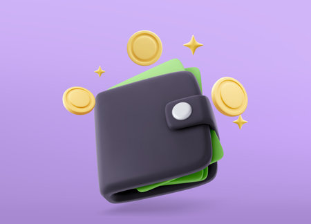 3d Vector Money wallet with green cash and gold coins, Online payment concept. Vector illustrationのイラスト素材