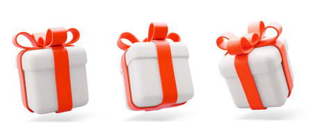 3D Vector illustration gift box. Christmas, new year, sale, shopping. Present box with bows ribbons....