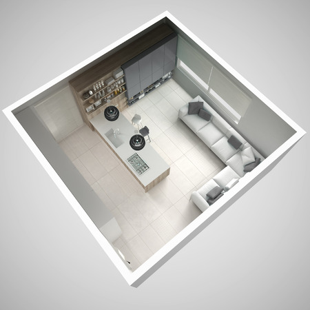Minimalistic white kitchen, with wooden and gray details, minimal interior design, cross section,...