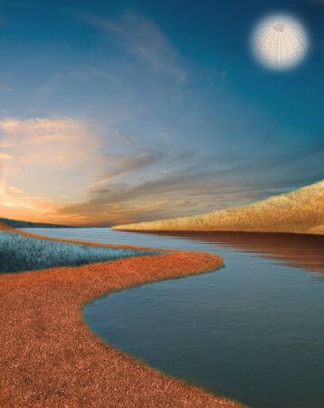 Imaginary landscape, surreal lake front, sunset colors and colored grass, complementary color, blue and orange, cloudy sky and calm water, relax concept idea, bright moonの写真素材